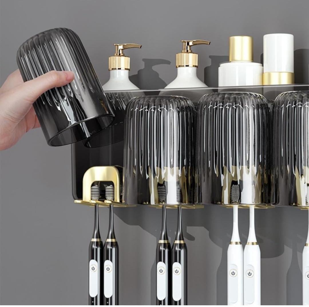 Acrylic inverted toothbrush holder, toothpaste dispenser